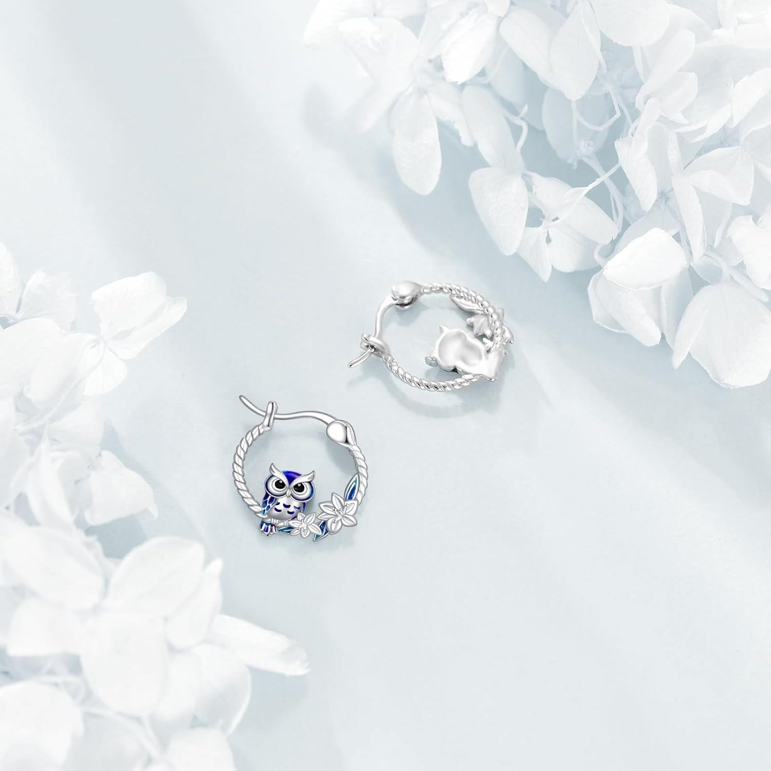 wholesale 925 Sterling Silver Owl Dangle Drop Earrings with Blue Enamel and Flower Accents for Women Girls  4cm Long-0-4