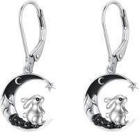 wholesale 925 Sterling Silver Rabbit Crescent Moon Star Leverback Drop Earrings -Bunny