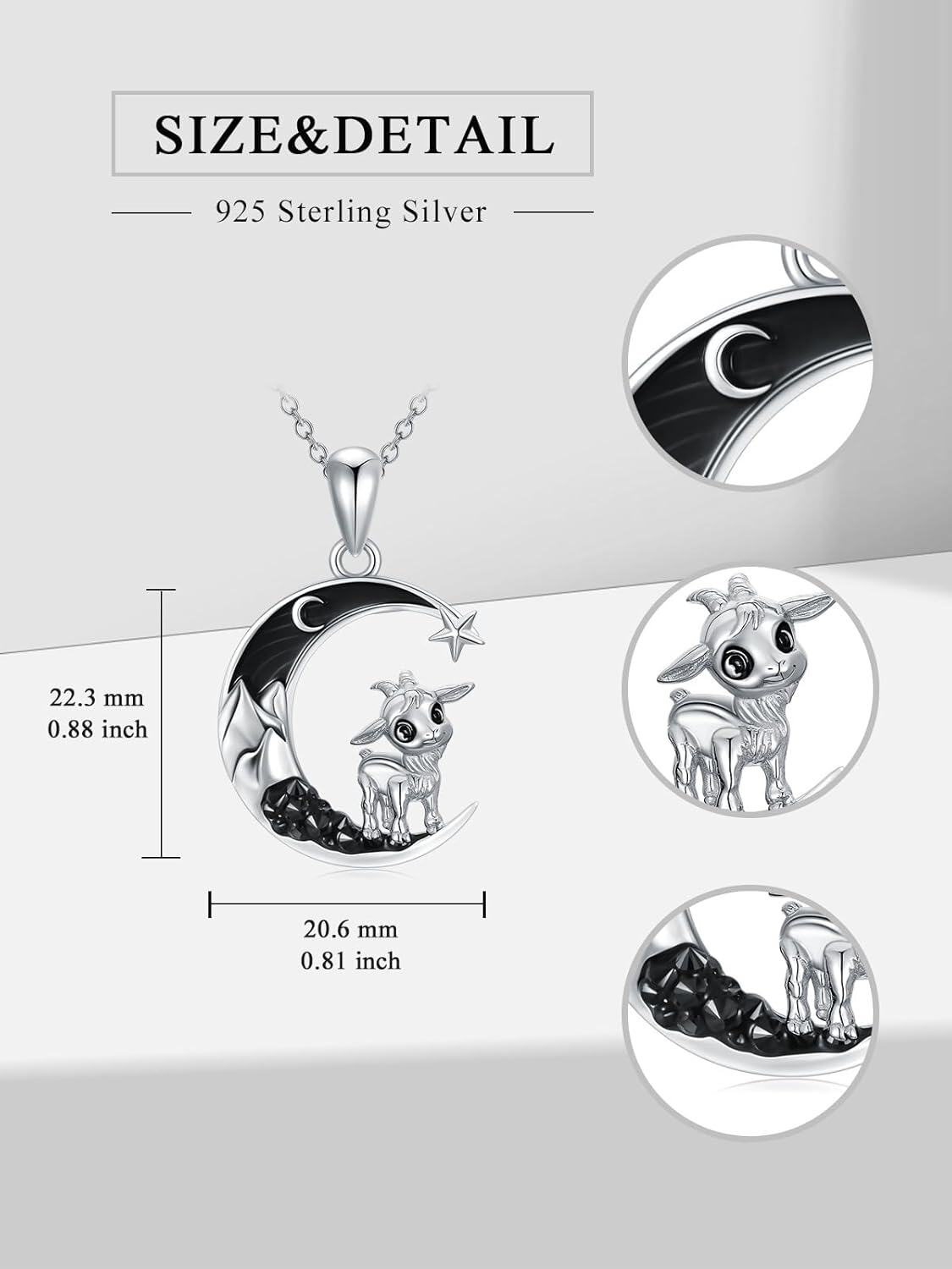 925 Sterling Silver Crescent Moon Goat Star Pendant Necklace-0-1