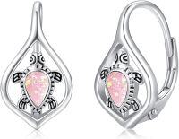 wholesale 925 Sterling Silver Pink Opal Turtle Leverback Hoop Earrings - Boho Beach s for Women-01-Turtle(13-Pink Opal)