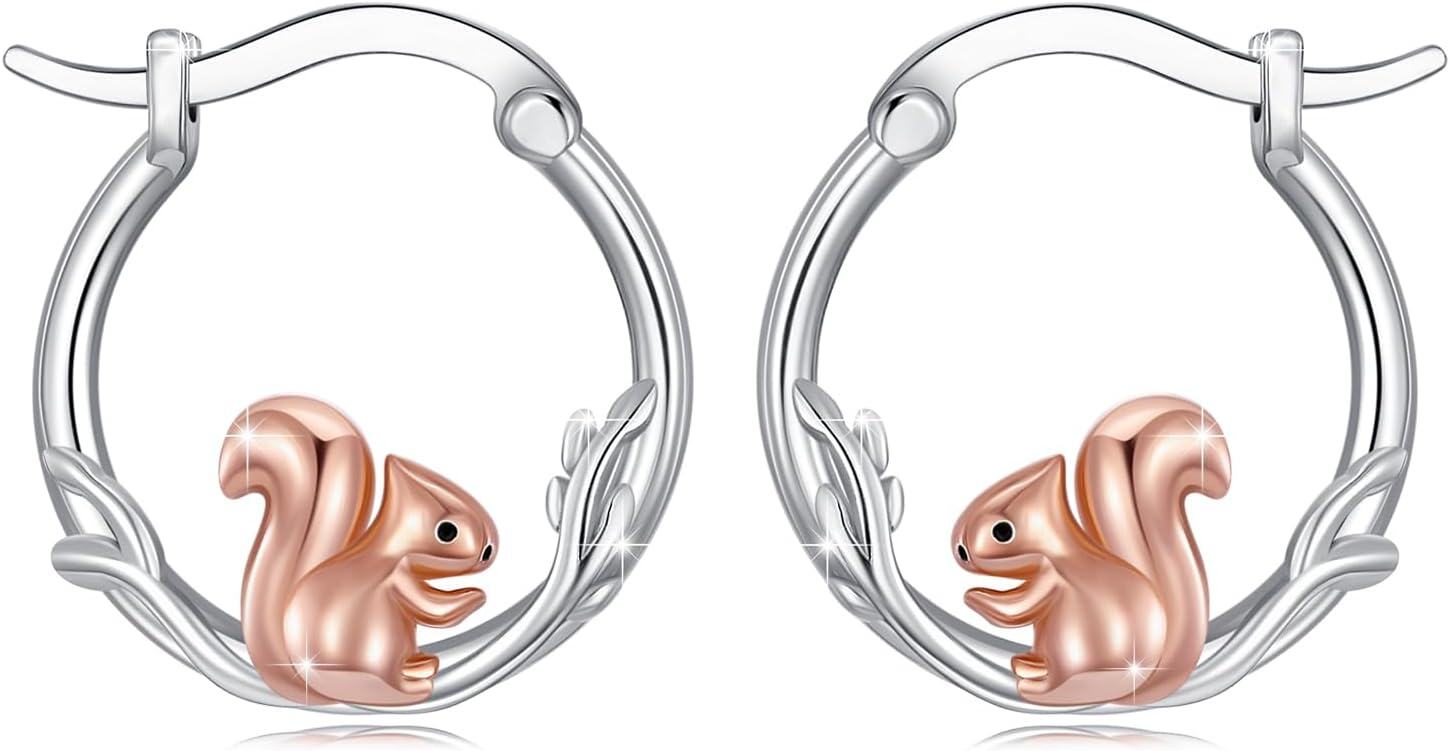Sterling Silver Hypoallergenic Animal Huggie Hoop Earrings-Squirrel Hoop Earrings