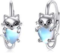 wholesale 925 Sterling Silver Cat Heart Shape Opalite Stone Stud Earrings for Women Girls  48x36mm-A-Cat