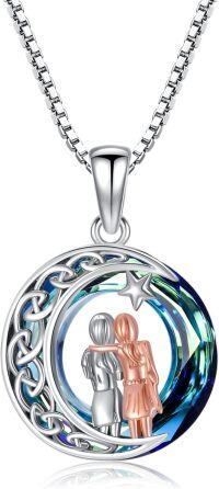 wholesale 925 Sterling Silver Sister Moon Necklace with Blue Crystal for Women-Blue Crystal
