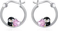 wholesale 925 Sterling Silver Penguin Heart Pink Crystal Studs Hoops for Girls & Women's Gift Set-Penguin
