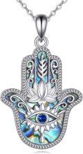 wholesale 925 Sterling Silver Abalone Shell Hamsa Hand with Blue Evil Eye and Lotus Flower Pendant Necklaces Lucky Charm s for Women Girls-0-0