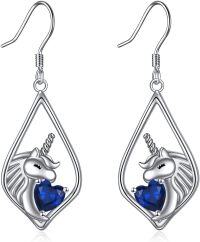 wholesale 925 Sterling Silver Unicorn Heart Blue Crystal Drop Earrings for Women Girls Gifts 2 Long-Unicorn