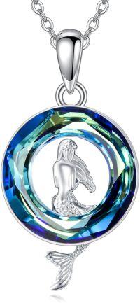 wholesale 925 Sterling Silver Mermaid Pendant with Blue Swarovski Crystals and Chain for Women-Mermaid Necklace