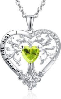 wholesale Sterling Silver Birthstone Tree of Life Heart Pendant Necklace for Women-08 Aug - Peridot