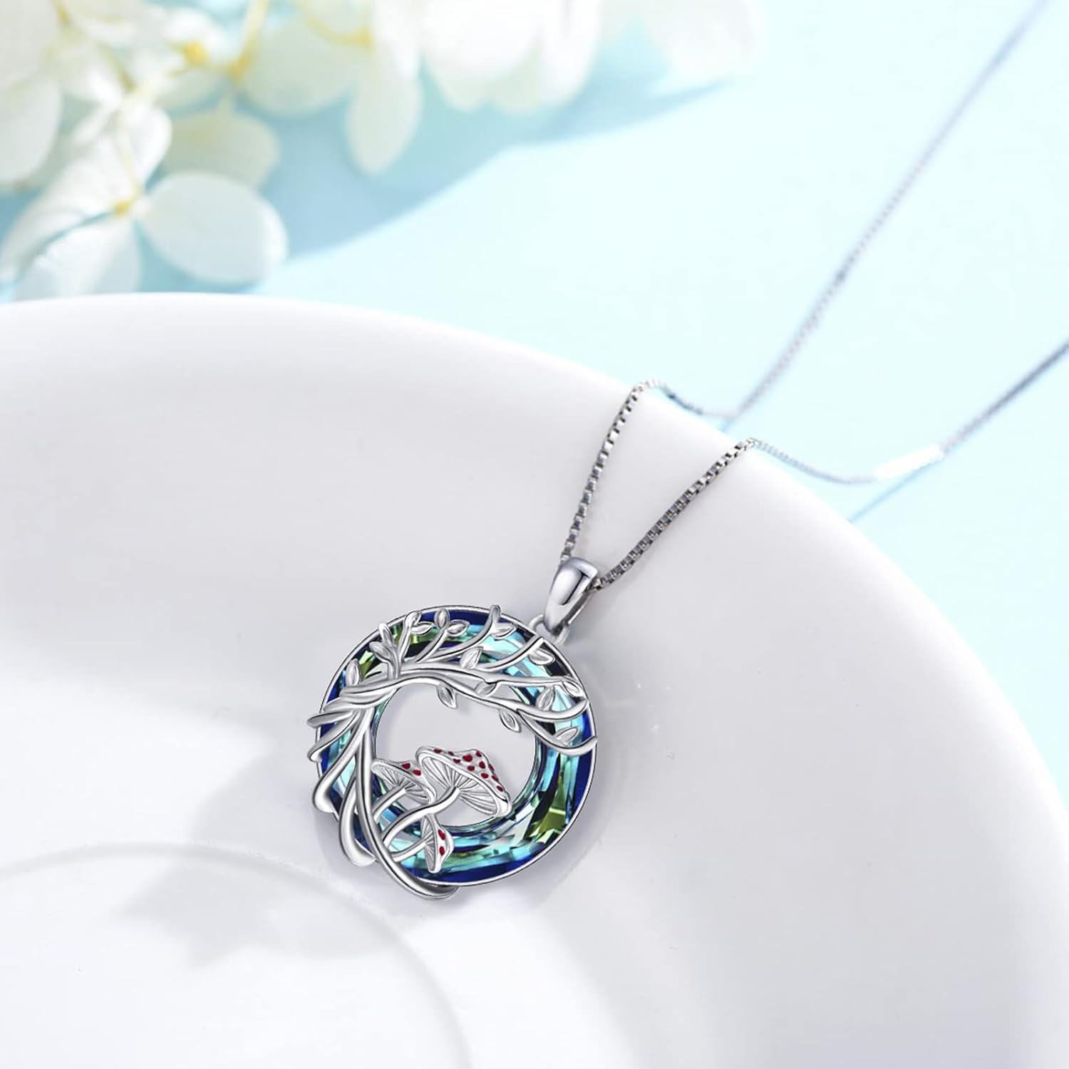  Sterling Silver Crystal Mushroom Tree of Life Pendant Necklace -0-5
