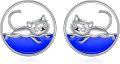 wholesale 925 Sterling Silver Cat Swimming Earrings 12mm (0.5in) Funny Pool Design-0-0
