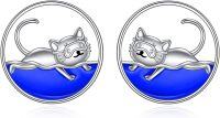 wholesale 925 Sterling Silver Cat Swimming Earrings 12mm (0.5in) Funny Pool Design-cat