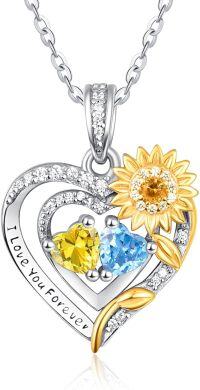 wholesale Sterling Silver 2 Birthstones Sunflower Heart Necklace for Women-11-12-Nov-Dec