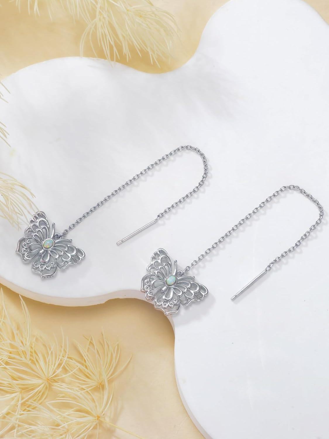 925 Sterling Silver Butterfly Opal Long Chain Drop Threader Earrings for Women-0-5