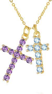 wholesale 14K Gold Sterling Silver Birthstone Double Cross Necklace for Women-02-12-Feb-Dec