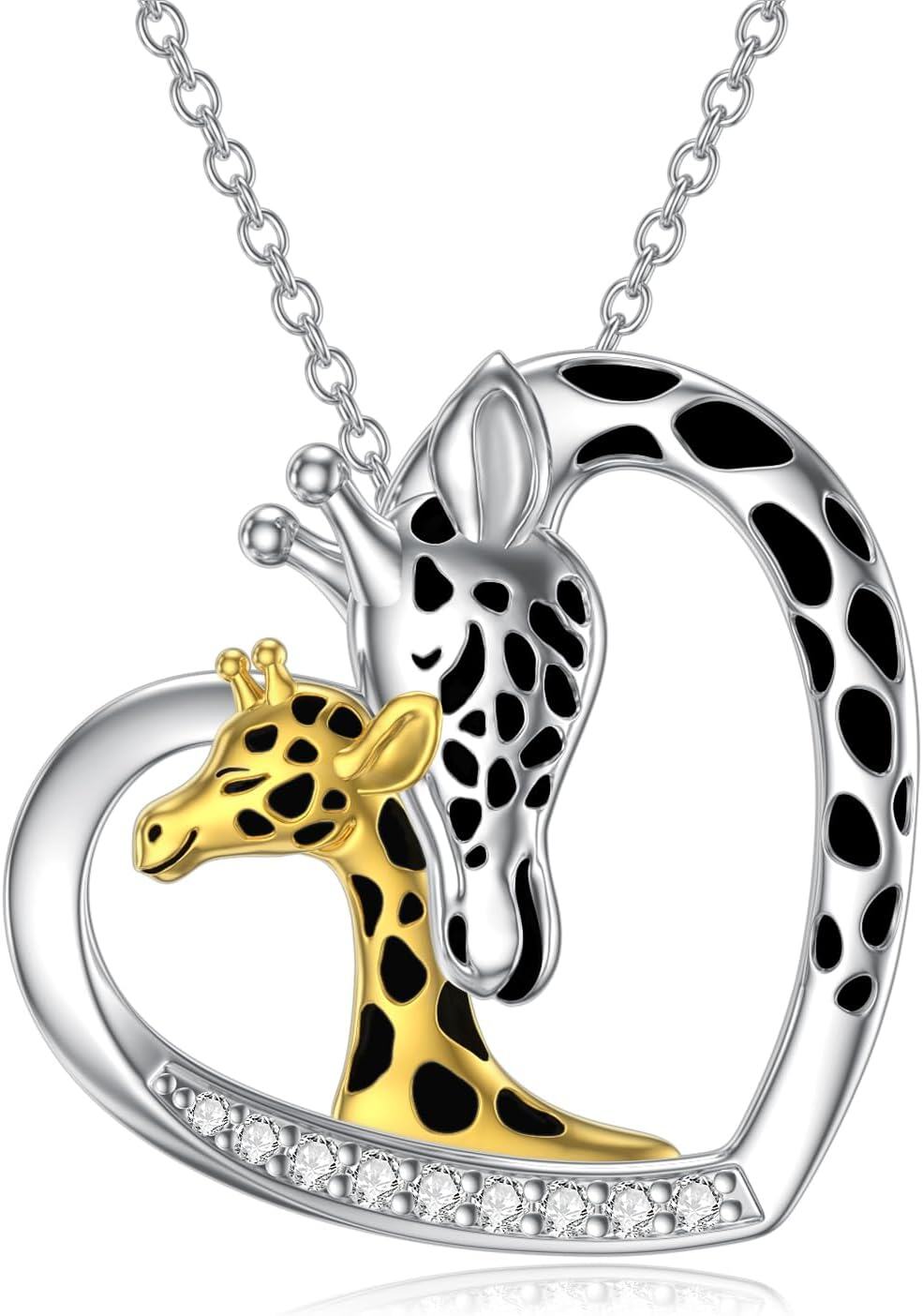 Sterling Silver Heart Necklace with Fox Axolotl Koala Giraffe Cow Guinea Pig Fairy Thistle Daisy Cat Duck Lion Pendant-Giraffe
