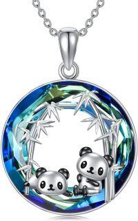 wholesale 925 Sterling Silver Blue Crystal Bamboo Panda Pendant Necklace-Two pandas