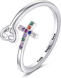 wholesale 925 Sterling Silver Moonstone Adjustable Open Ring Faith Chakra Cross Leaf Jewelry Gift-7 chakra cross