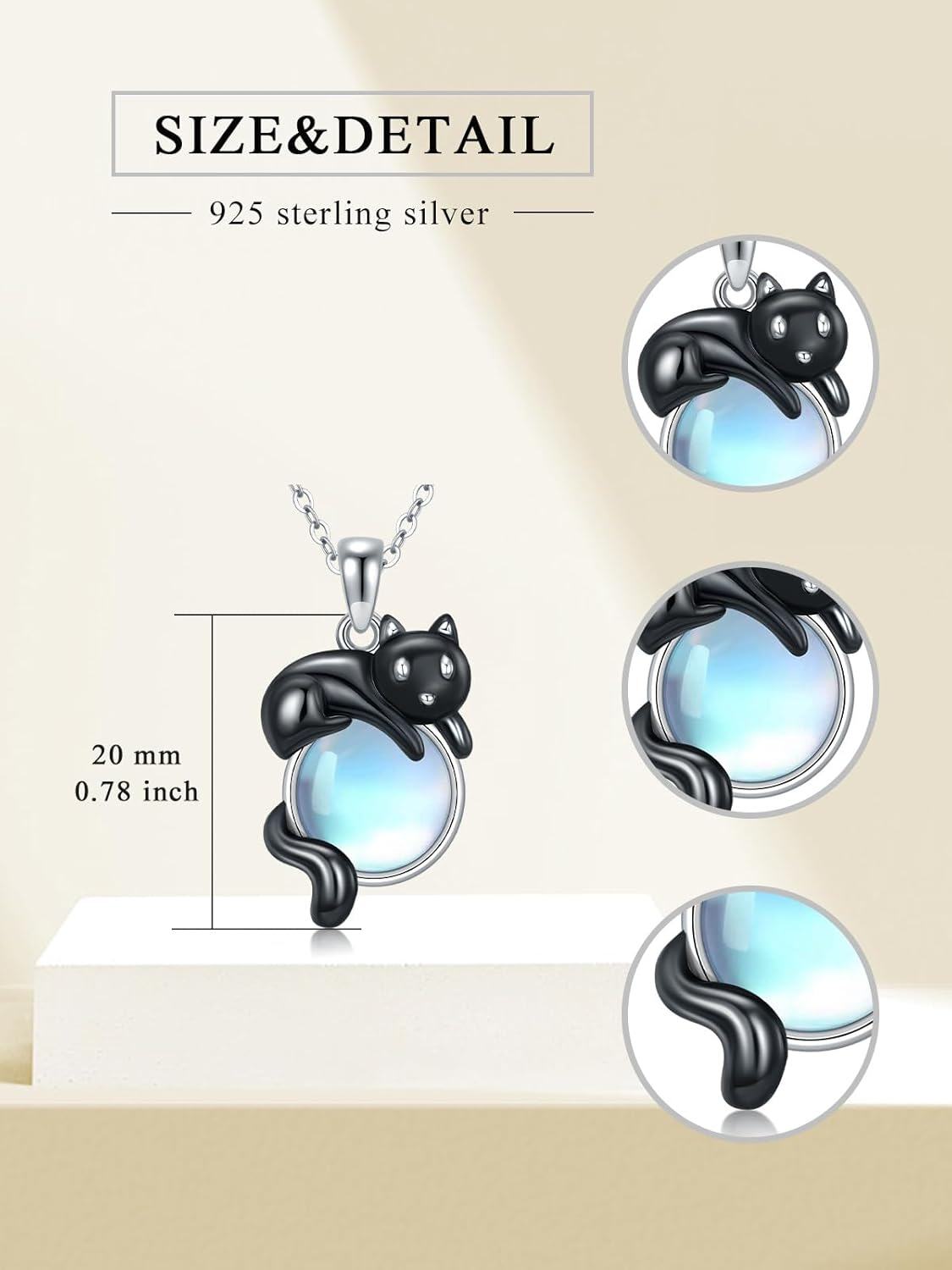 925 Sterling Silver Cat Moonstone Pendant Necklace-0-4