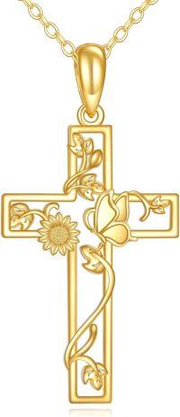 wholesale 14K Gold Sunflower Vine Cross Pendant Necklace Religious s for Men & Women-Sunflower Butterfly