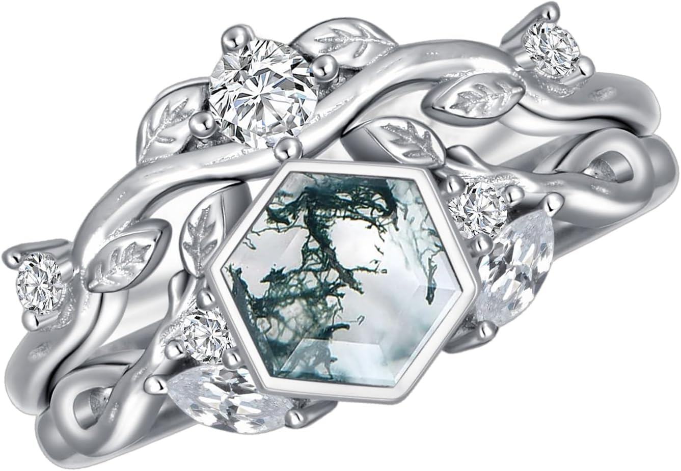 Sterling Silver Moss Agate Leaf Rings Set 1ct Green Moss Agate Engagement Anniversary Rings for Women-7 Silver # 3