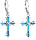 wholesale Sterling Silver Opal Cross Abalone Shell Dangle Drop Leverback Earrings-0-6
