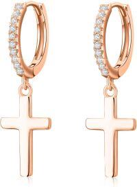 wholesale Rose Gold 925 Sterling Silver Cross Huggie Hoops with Cubic Zirconia for Women Men 3D Charm Minimalist Fine  Set of 2 Pairs-03-Cross Earrings(Gold)