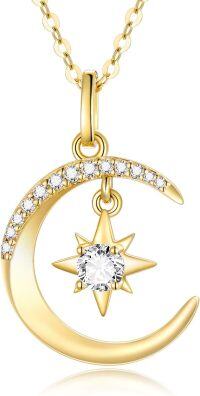 wholesale 14K Gold Crystal Crescent Moon & Star Pendant Necklace for Women - 18 Inches Chain Length-Yellow Gold gold