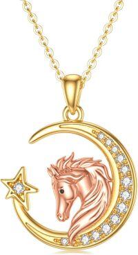 wholesale 14K Gold Crescent Moon & Unicorn Pendant Necklace with Star Charm on 16-18 Chain-Gold Horse Necklace