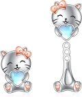 wholesale 925 Sterling Silver Cat Stud Earrings with Heart and Bow Design for Women-0-0