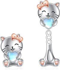 wholesale 925 Sterling Silver Cat Stud Earrings with Heart and Bow Design for Women-Cat