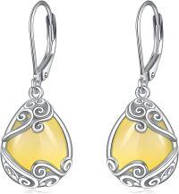 wholesale Sterling Silver Moonstone Leverback Teardrop Dangle Earrings for Women-S-Yellow Agate