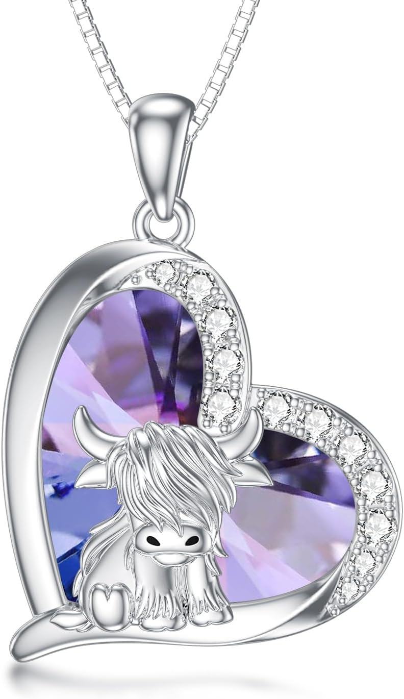 Sterling Silver Highland Cow Birthstone Necklace Jewelry Gifts for Women Girls-0-5-Amethyst-0-5-Amethyst