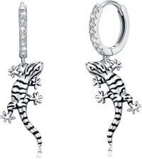 wholesale 925 Sterling Silver Gecko Lizard Charm Huggie Hoop Earrings with Cubic Zirconia for Women  4cm Long-B-Lizard