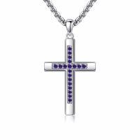 wholesale 925 Sterling Silver Birthstone Cross Necklace for Women Men -02-Feb-Amethyst