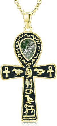 wholesale Gold 925 Sterling Silver Ankh Necklace with Moonstone and Turquoise Agate Egyptian Cross Pendant-Gold-Moss Agate