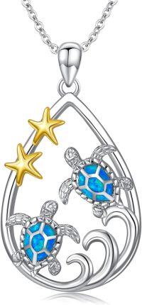 wholesale 925 Sterling Silver Blue Opal Starfish and Turtles Pendant Necklace Ocean Life s for Women Girls-Blue Sea Turtle