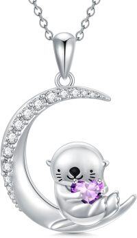 wholesale Sterling Silver Animal Birthstone Necklace Otter Axolotl Hippo Pendant Jewelry Gift for Women-02-Feb-Otter