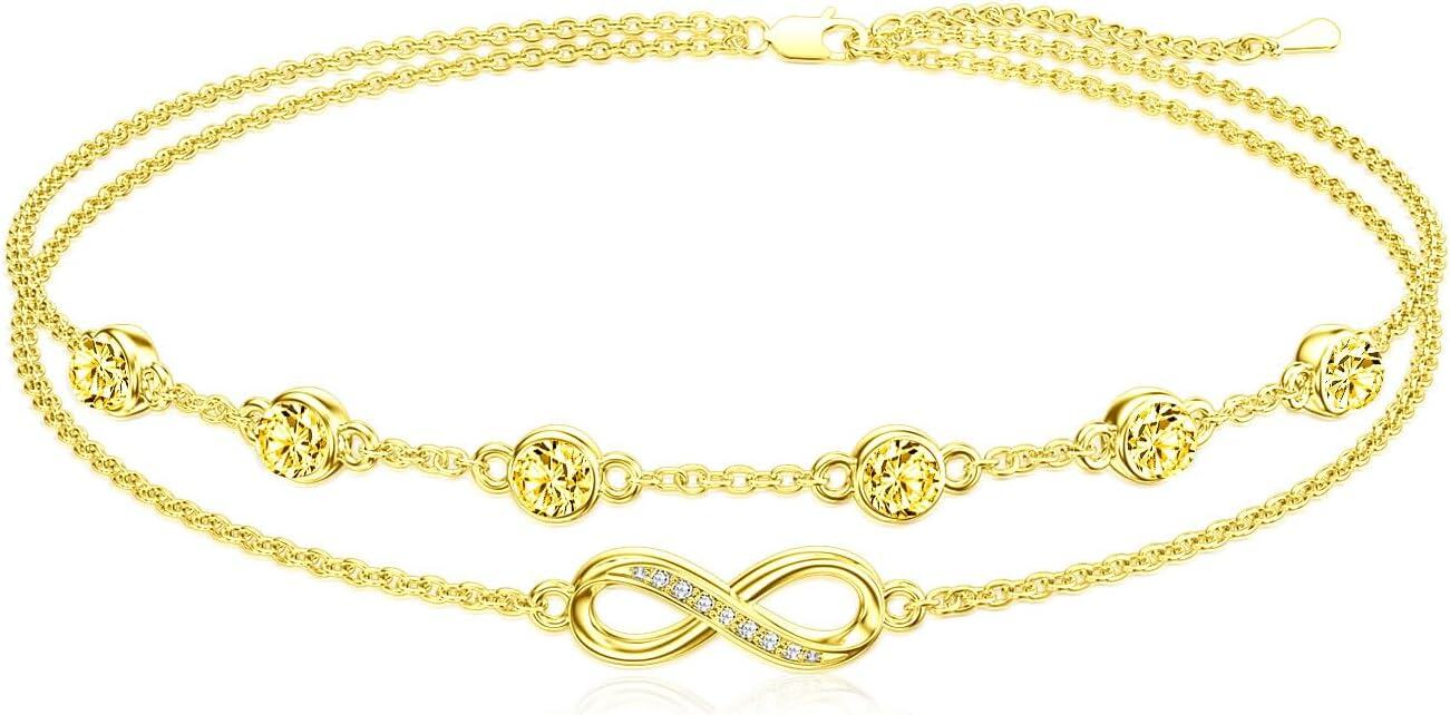 Sterling Silver Birthstone Women s Anklet Bracelets Infinity Butterfly Evil Eye Turtle Pineapple Starfish Heart-Infinity 11-Yellow Topaz-Yellow Gold-Anklet 9"-11"