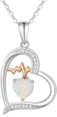 wholesale Sterling Silver Gemstone Love Heart Birthstone Necklace with Heartbeat Pendant for Women Gift for Mother Wife Girlfriend-10-Oct-Opal