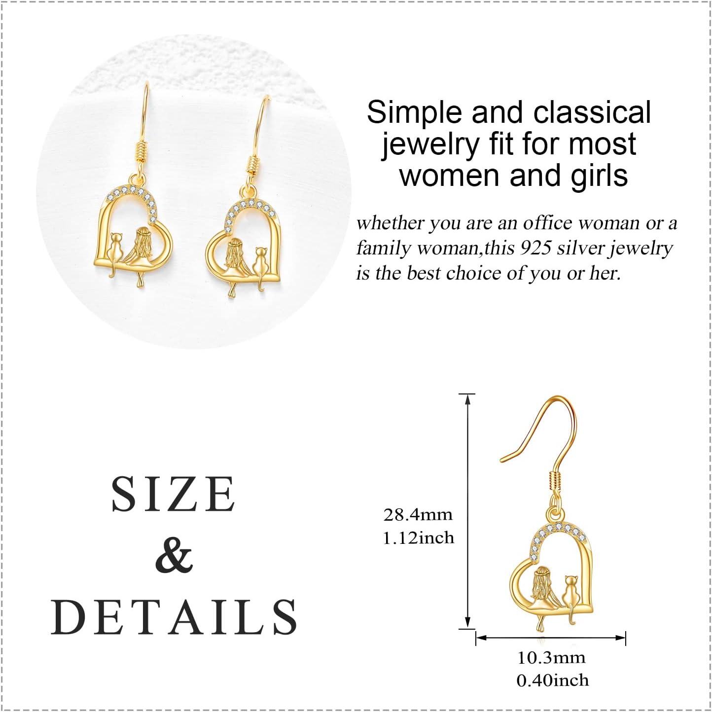 14K Gold Cat Drop Earrings for Women Real 14K Yellow Gold Dangle Jewelry Birthday Gifts for Her-0-4