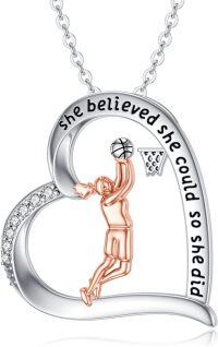 wholesale 925 Sterling Silver Heart-Shaped Basketball Player Pendant Necklace with Quote She Believed She Could So She Did - Sports Themed s for Women-Basketball