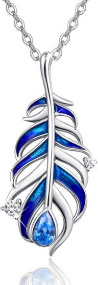 wholesale 925 Sterling Silver Blue Opal Feather Pendant Necklace - Native American Style Gemstone Jewelry for Women Gifts-Lady