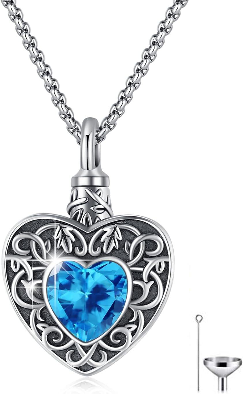 925 Sterling Silver Heart-Shaped Blue Crystal Tree of Life Cremation Jewelry Urn Necklace with Funnel and Fill Tool for Women & Men-0-0