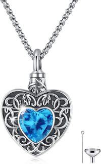 wholesale 925 Sterling Silver Heart-Shaped Blue Crystal Tree of Life Cremation Jewelry Urn Necklace with Funnel and Fill Tool for Women & Men-3-Aquamarine