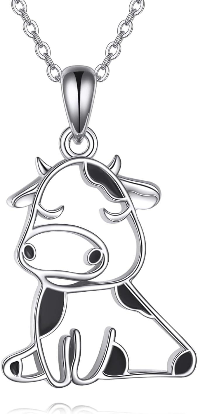 Sterling Silver Stone Cute Highland Cow Pendant Necklace for Women-0-0