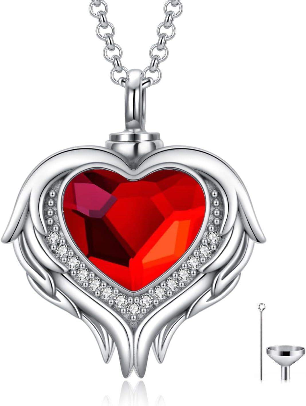 wholesale 925 Sterling Silver Red Crystal Angel Wings Heart Keepsake Pendant Necklace with Funnel and Fill Tool-0-0