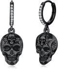 wholesale 925 Sterling Silver Black Skull Drop Hoop Earrings Gothic Punk Style Jewelry for Women and Men-0-0