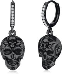 wholesale 925 Sterling Silver Black Skull Drop Hoop Earrings Gothic Punk Style Jewelry for Women and Men-02- Skull Earrings(2-Black)