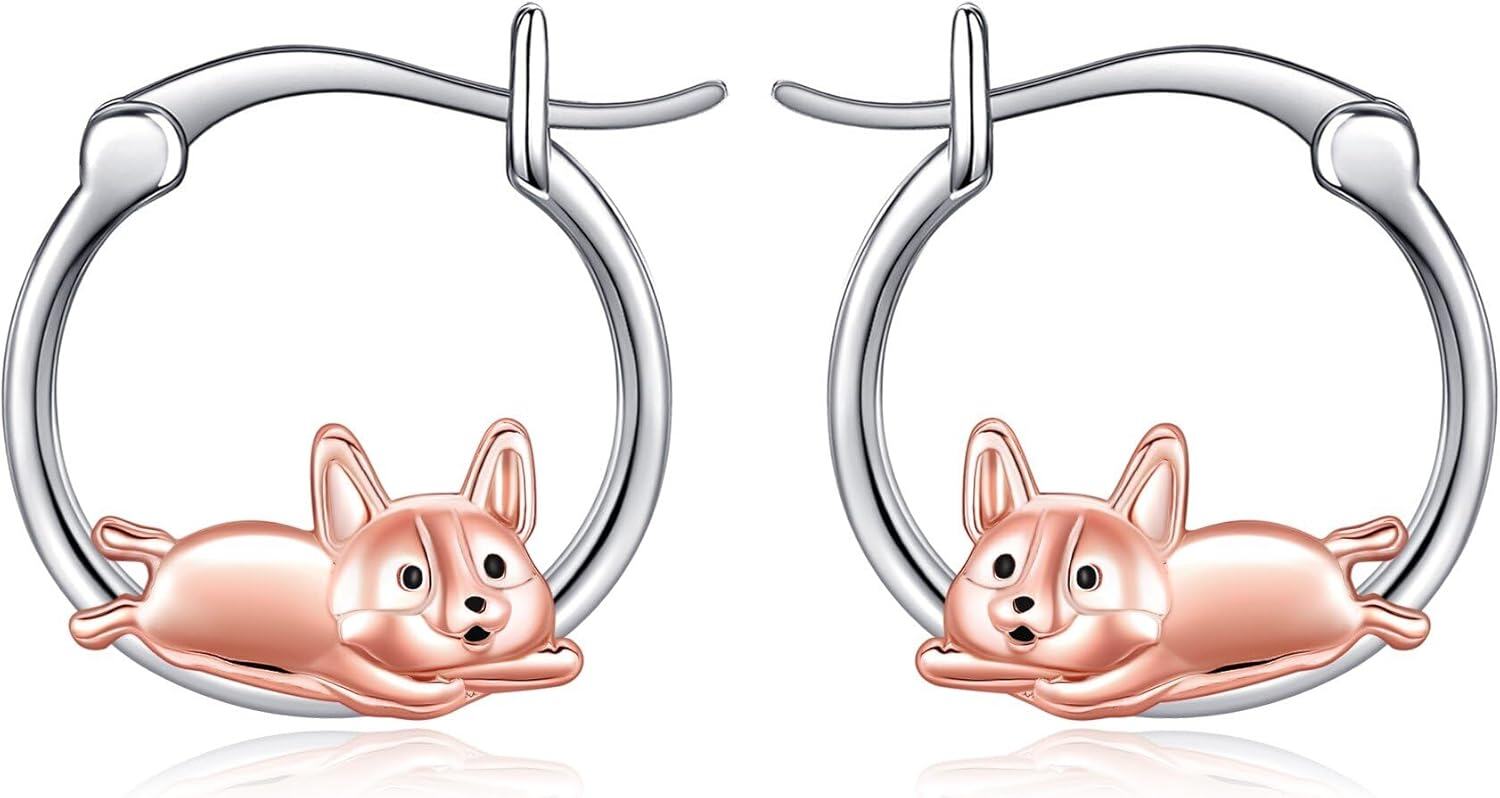 Sterling Silver Animal Hoop Earrings Duck Cow Pig Dog Yorkie Otter Hypoallergenic Cute Gifts for Women-Corgi