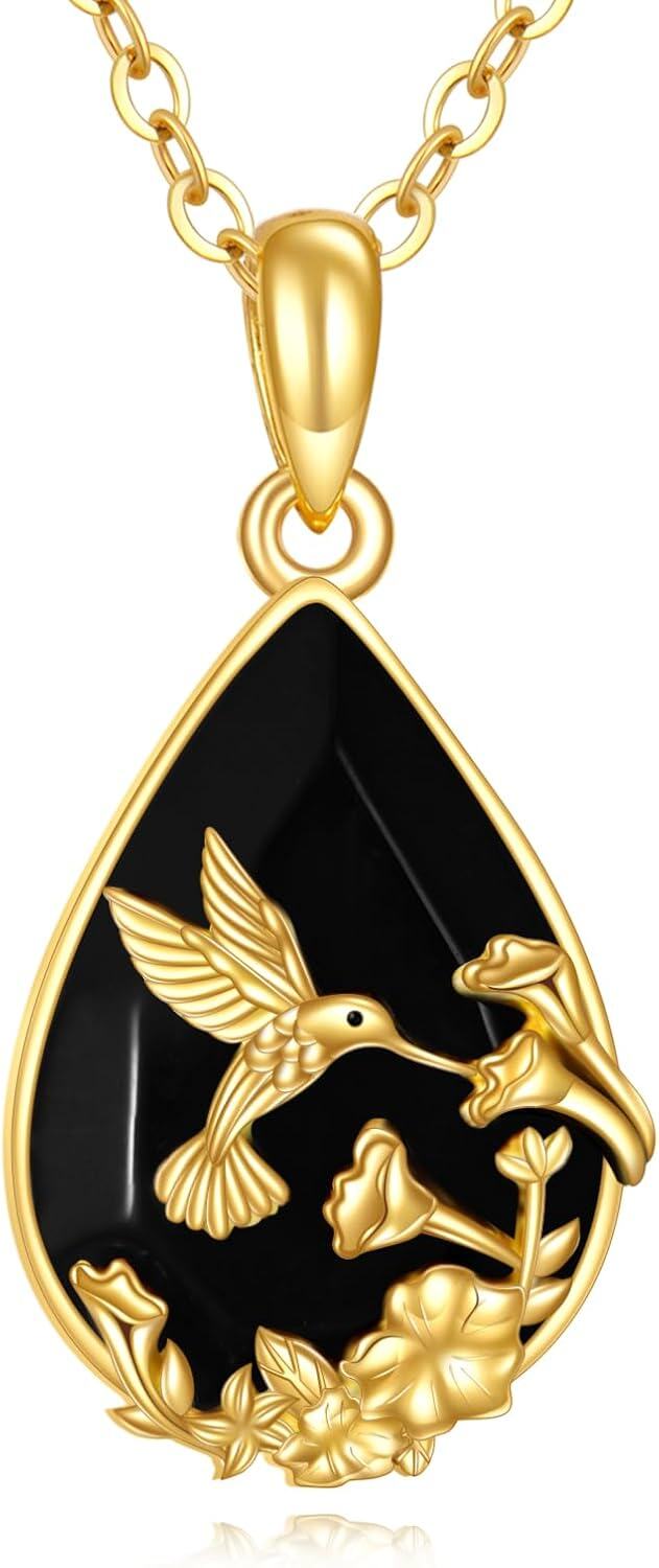  Solid Yellow Gold Black Crystal Necklace Vintage Pendant Gothic Jewelry -0-0